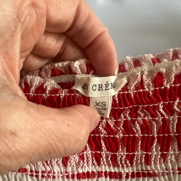 EN CRÈME Smocked Boho Pom Pom Mini Dress Red Cream Black Size XS TINY FLAW - Picture 11 of 11